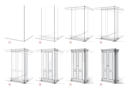 Page shows how to learn to draw from life sketch a wood cupboard in perspective. Pencil drawing lessons. Educational page for artists. Developing artistic skills. Online education. Vector drawing.のイラスト素材