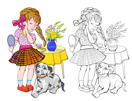 Colorful and black and white page for kids coloring book. Drawing of cute little girl with her dog. Worksheet for children and adults. Flat cartoon vector. Illustration of children lifestyle.のイラスト素材