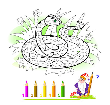 Math education for children. Coloring book. Mathematical exercises on addition and subtraction. Solve examples and paint the cute snake. Developing counting skills. Printable worksheet for kids.のイラスト素材