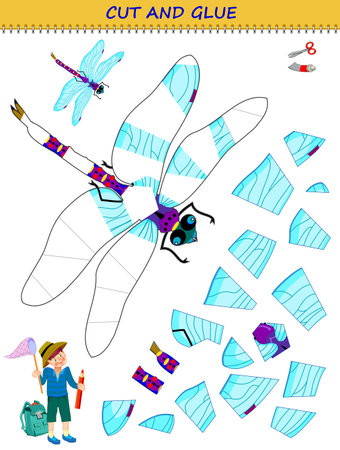 Use a scissors to cut and glue dragonfly. Educational page for little children. Logic puzzle game. Printable template with for kids. Developing skills for cutting and handwork. Flat cartoon vector.のイラスト素材