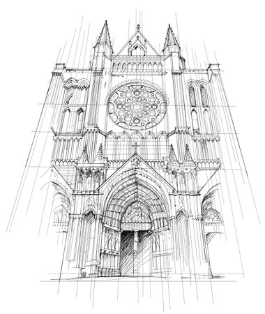 Illustration of Cathedral of Our Lady of Chartres. Hand drawn vector. Sketch of central entrance with rose and portal. View of a medieval French town. Black and white drawing. Ancient architecture.のイラスト素材