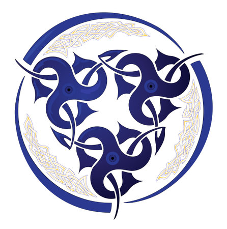 Ancient Celtic triskelion drawing with hydra symbol. Vintage geometric ethnic magic sign. Triple trickle spiral ornament with Celtic knot pattern. Vector illustration for badge, icon, sticker, tattooのイラスト素材