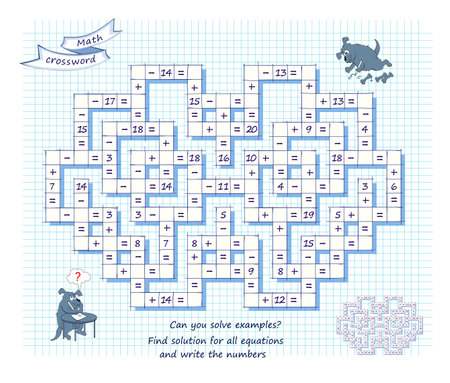 Math crossword. Can you solve examples? Find solution for all equations and write the numbers. Brain teaser book. Mathematical logic puzzle game on addition and subtraction. Vector illustration.のイラスト素材
