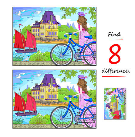 Find 8 differences. Illustration of a girl cycling along the coast of France during summer holiday. Logic puzzle game for children and adults. Page for kids brain teaser book. Flat vector drawing.のイラスト素材