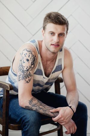 Lifestyle. Handsome guy at homeの写真素材