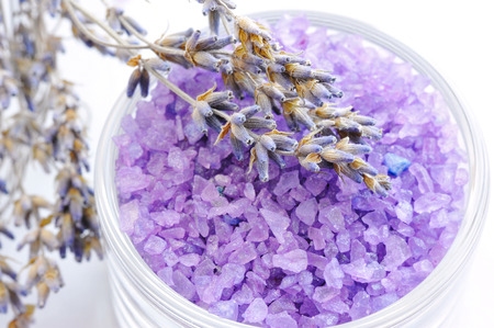Bath salt for aromatherapy and dried lavenderの写真素材