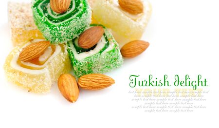 Tasty Turkish delight with almond on white backgroundの写真素材