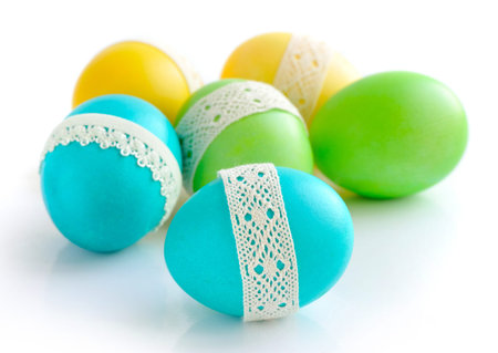 Colorful Easter Eggs isolated over white backgroundの写真素材
