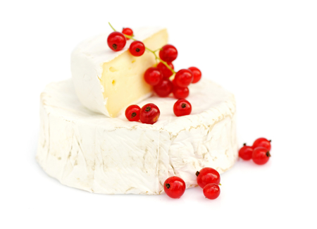 Camembert cheese with red currants on white backgroundの写真素材