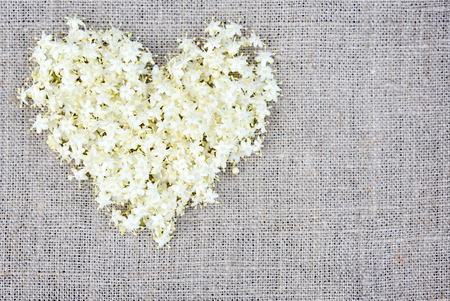 Heart from white flowers on sackclothの写真素材