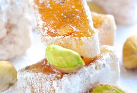 Turkish delight (lokum) with pistachios, closeupの写真素材