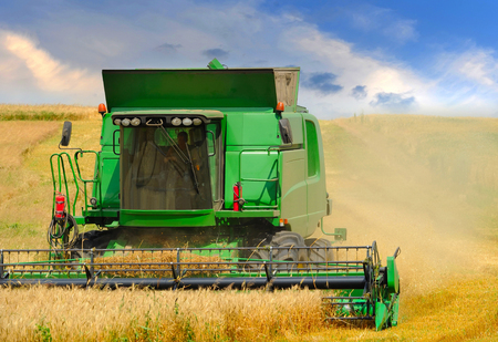 Combine harvester working on the fieldの写真素材