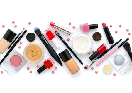 Makeup brush and decorative cosmetics on a white background. Top viewの写真素材