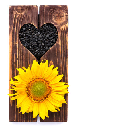 Sunflower on wooden background with heart and seeds. Top view. Space for textの写真素材