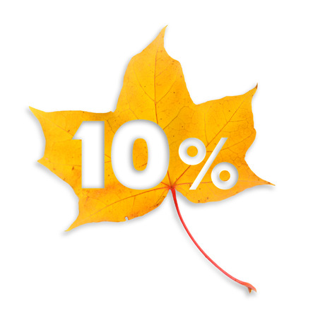 Autumn sale - 10%. Colorful maple leaf with text on white background.の写真素材