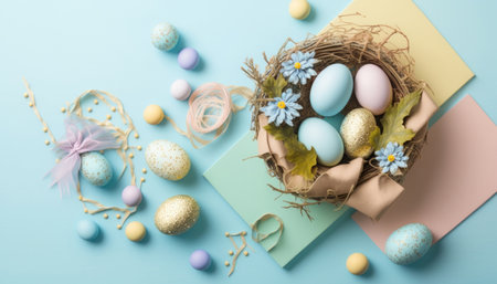 Colorful Easter eggs with nest on blue background. Stylish tender spring template with space for text. flat lay. greeting card or banner. AI generatedの素材