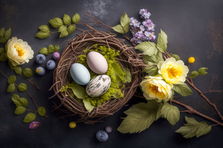 Colorful Easter eggs with nest and flowers on dark background. flat lay. greeting card or banner. AI generatedの素材