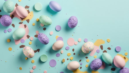 Colorful Easter eggs with confetti flat lay on blue background. Stylish tender spring template with space for text. greeting card or banner. AI generatedの素材