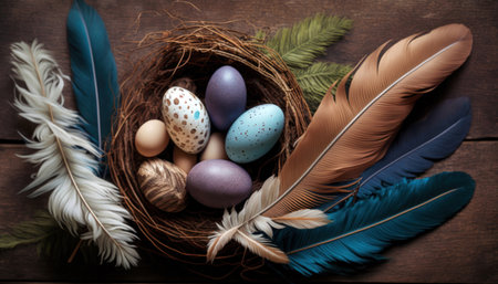 Colorful Easter eggs on nest with and feathers on wooden background. flat lay. greeting card or banner. AI generatedの素材
