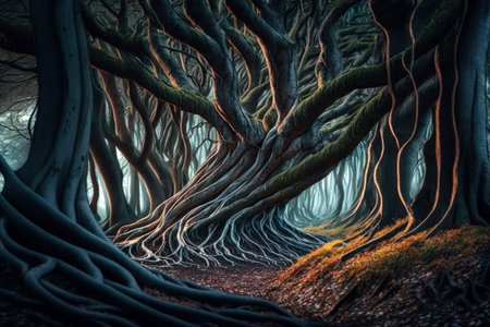 Cool dark woods. Mysterious forest. Generative AIの素材