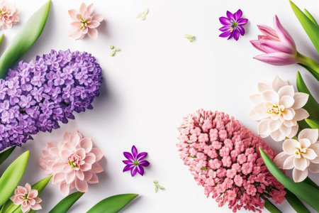 Frame of multi-colored Hyacinths flowers on gentle light background with space for text. Spring flowers. Top view. Generative aiの素材