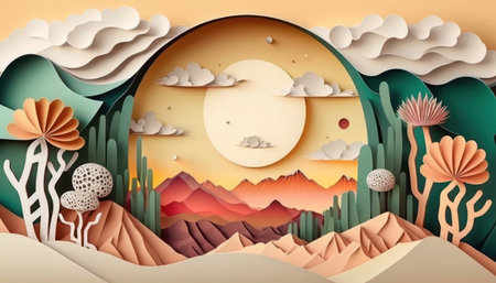 Beautiful abstract landscape with hills, paper illustration, paper cut craft, 3d art style. Greeting card or banner. AI generativeの素材
