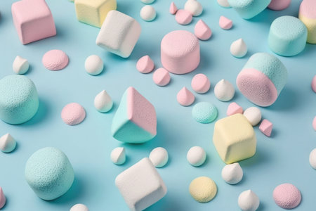 Colorful mini marshmallows on blue background. Generative AIの素材