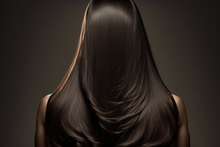 Back view of woman with long brown straight hair on dark background. Dyeing and hair care. Generative AIの素材