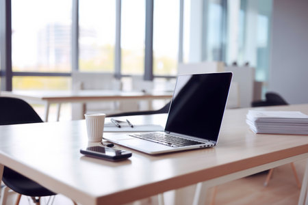 Office table with laptop, documents, phone and coffee cup with blurred office room background. Workplace. Generative AIの素材