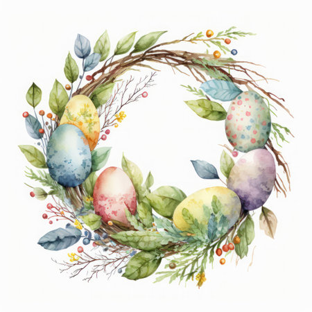 Wreath with Easter eggs and twigs on white background. Watercolor painting. For easter and spring greeting cards. AI generatedの素材