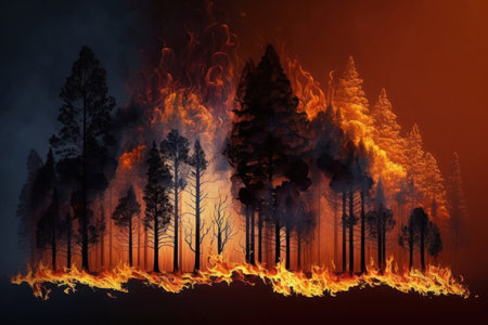 Intense flames from a massive forest fire. Flames light up the night as they rage thru pine forest. Generative AIの素材