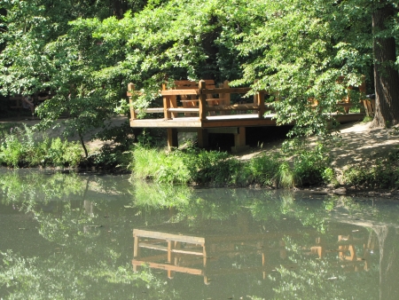green pond with a wooden arborの写真素材