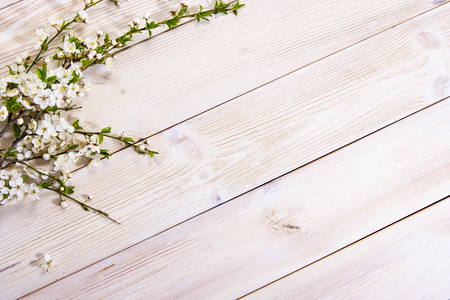 Spring background. Cherry flowers on a wooden background. Selective focus. Copy space. Banner. Springtime concept.の写真素材