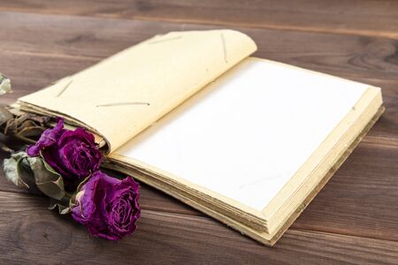 Vintage photo album on wooden background with dry flowers. Memories of vacation.の写真素材