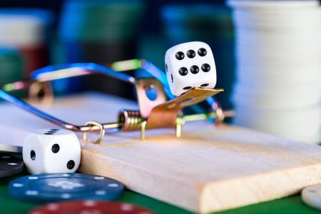 black dice and mousetrap, game trap, against the background of casino chips.