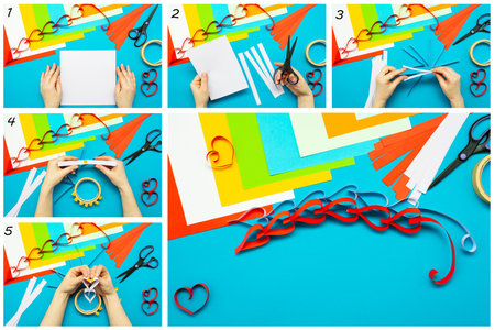 DIY instruction. Step by step guide. The process of making a garland of hearts for Valentine's Day.の写真素材