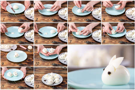 DIY instruction. Step by step guide. Making a funny rabbit from boiled eggs, decorating the Easter table, Easter decor and serving.の写真素材
