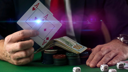 Businessman at green playing table with gambling chips and cards playing poker and blackjack in...