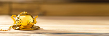 Vintage tea strainer on a wooden table with a dream for text. Teapot-shaped golden tea strainer,