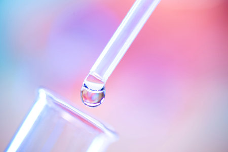 Close up of chemical test tube and pipette with drop of colorless liquid on purple background.の写真素材