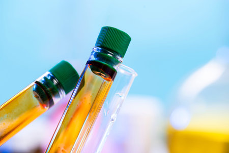 Two chemical test tubes with closed lids with orange liquid on blue background.