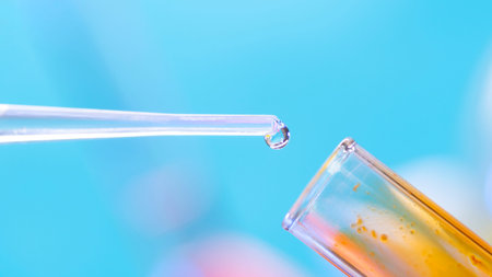 Chemical test tube with yellow liquid and a pipette with a drop of liquid. Chemical laboratory with...
