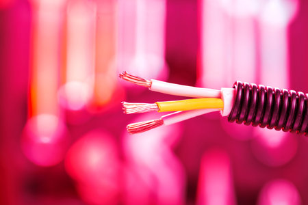 Electric cable without isolation on background with bokeh close up.