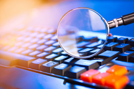 Magnifying glass on the keys of a black computer keyboard.