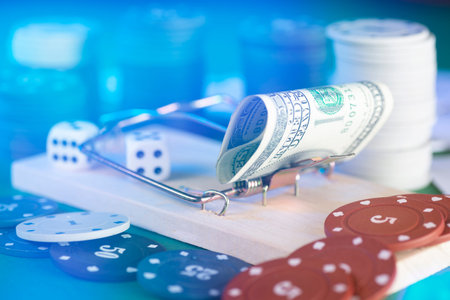 banknote and mousetrap, game trap, against the background of casino chips and dice