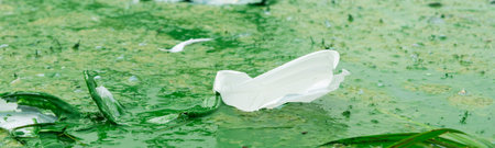 A disposable plastic plate was thrown into a muddy river. Pollution of nature. Water pollution. Environmental Protection.の写真素材