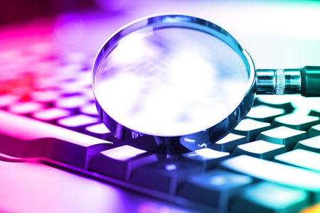 Magnifying glass on the keys of a black computer keyboard in neon light.