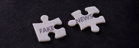 Two white puzzle pieces with fake news text on black background, close up.