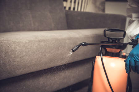 Spray gun with pesticides close-up. An exterminator in work clothes sprays pesticides from a spray bottle. Fight against insects in apartments and houses. Disinsection of premises.の写真素材