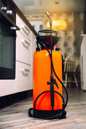 Spray gun with pesticides close-up. Fight against insects in apartments and houses. Disinsection of premisesの写真素材